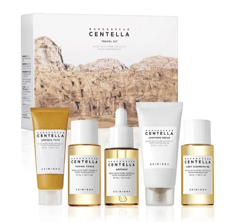 Skin 1004 Centella Cleanser, Face Serum, Toner, moisturiser and soothing cream skincare travel set