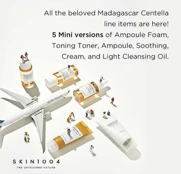 Skin 1004 Centella Cleanser, Face Serum, Toner, moisturiser and soothing cream skincare travel set