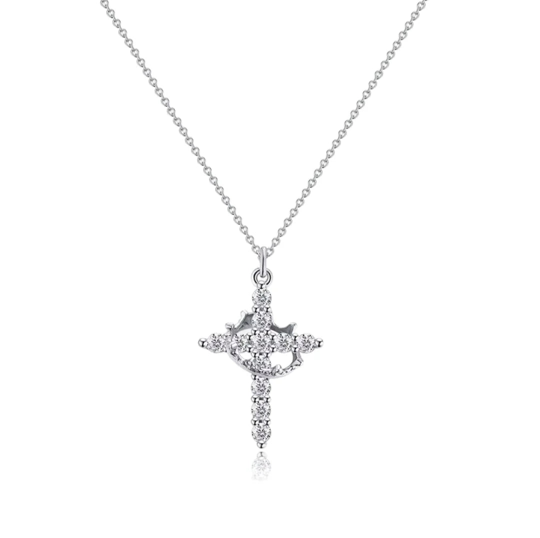 Silver popular cross with crown pendant necklace with chain