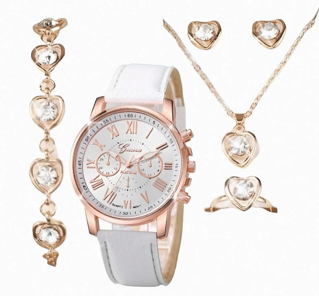 Ladies 4 piece elegant Three-eye roman scale dial quartz watch and jewellery set
